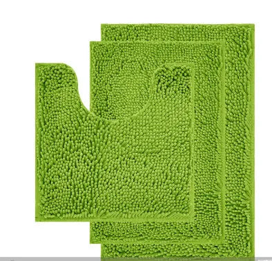 Chenille long hair three-piece bathroom mat set showing square, rectangular, and U-shaped pieces in a modern colour.