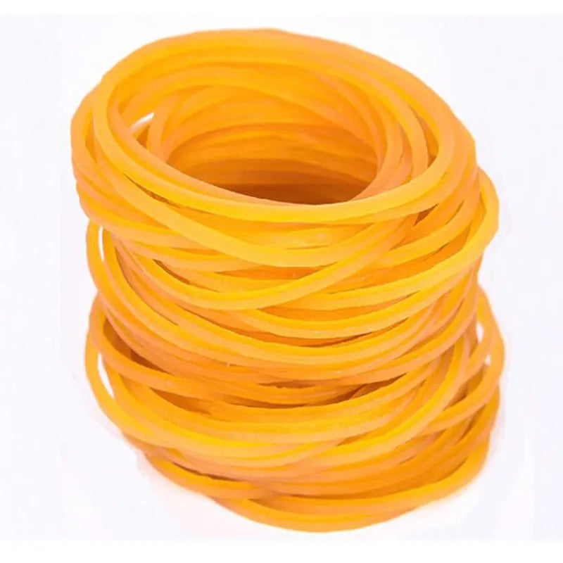 500g bulk pack of yellow rubber bands showing seven different diameters from 16mm to 70mm
