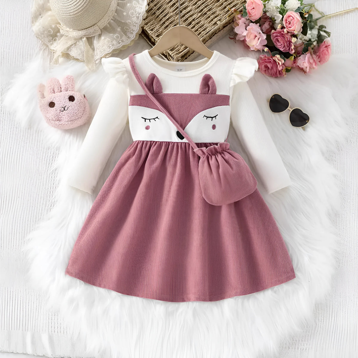 Long sleeve slim fit shy fox cartoon dress in pink and white corduroy for girls