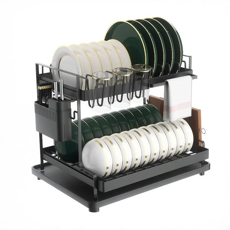 White double-layer kitchen storage rack with removable draining on countertop