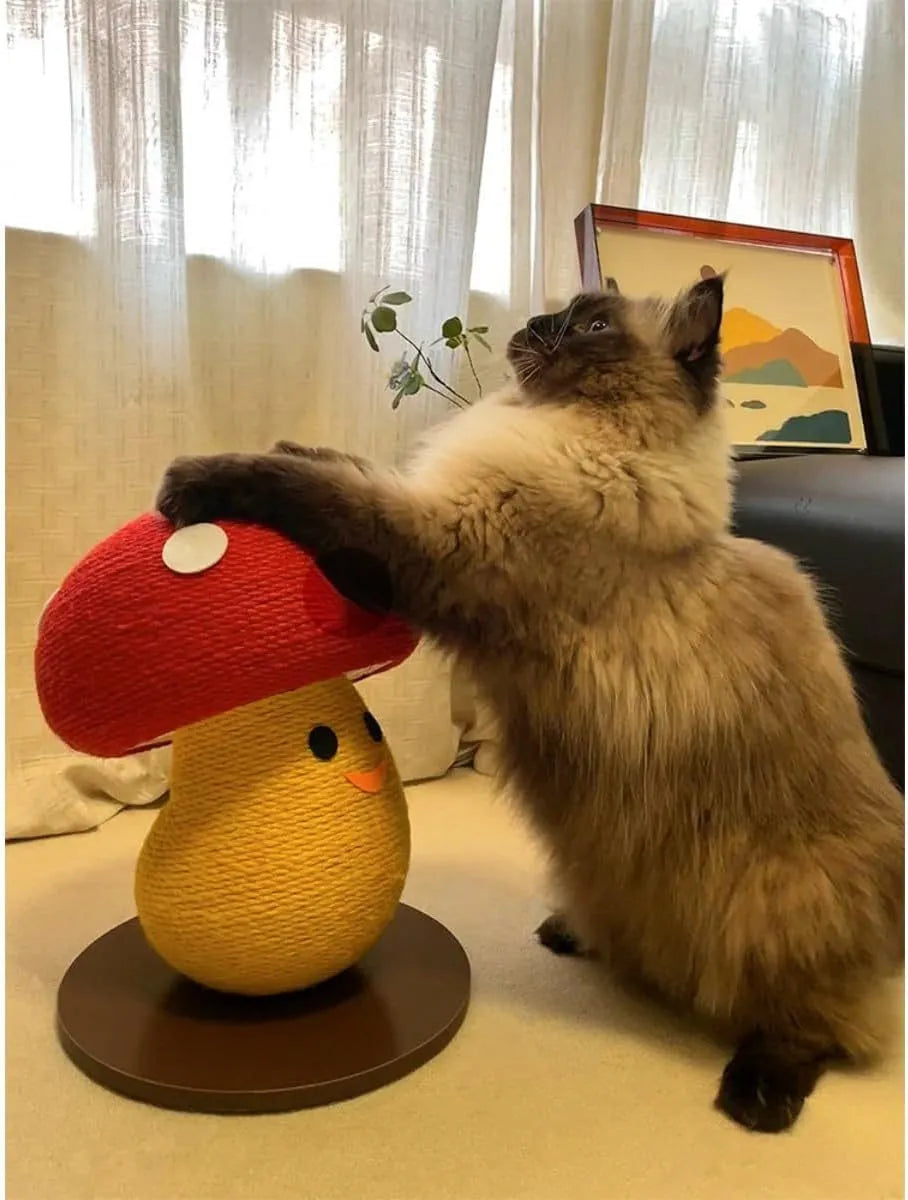 Mushroom-shaped grey corrugated cardboard cat scratcher lounge with accordion-folded sides