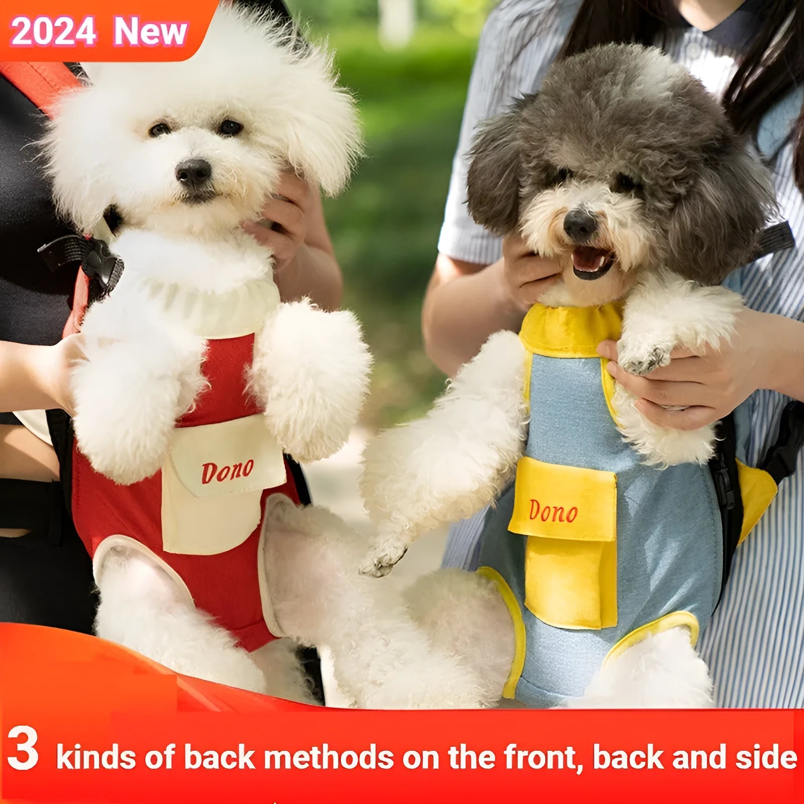 A person wearing a blue and yellow front-carry pet sling backpack containing a small dog, with adjustable cross-shoulder straps.