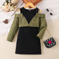 Children's off-shoulder long sleeve dress in military green cotton, front view, sizes 4Y to 7Y