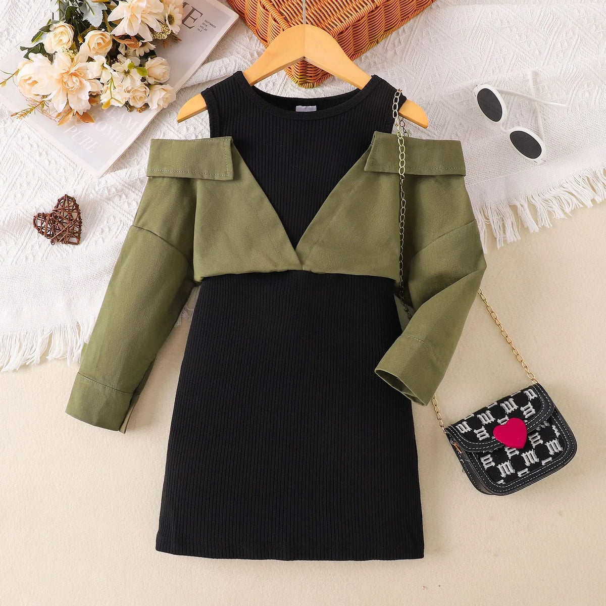 Children's off-shoulder long sleeve dress in military green cotton, front view, sizes 4Y to 7Y