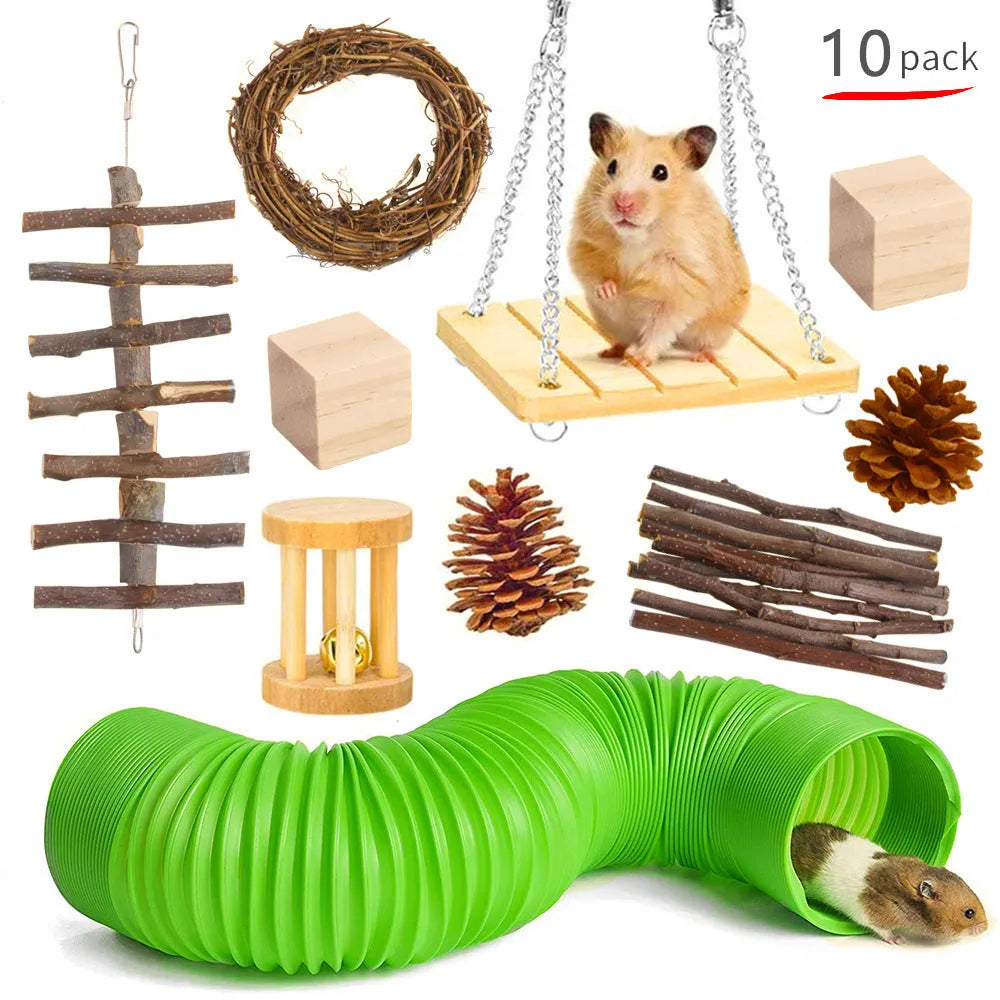 Wooden pet toy set with straw mats and woven balls for rabbits and guinea pigs