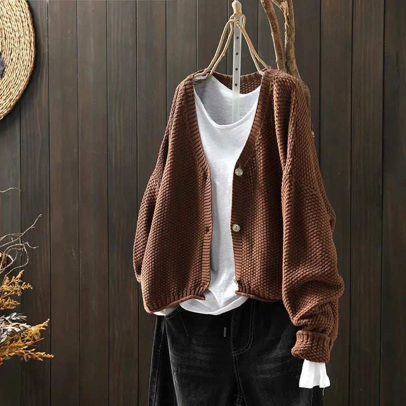 Women's solid colour cardigan thick blended wool acrylic long sleeve loose fit 50cm length beige