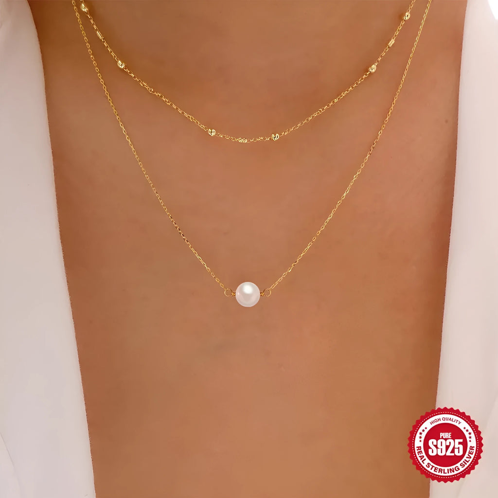 S925 sterling silver women's necklace with double-layer design and twin pearls in gold or white gold plating