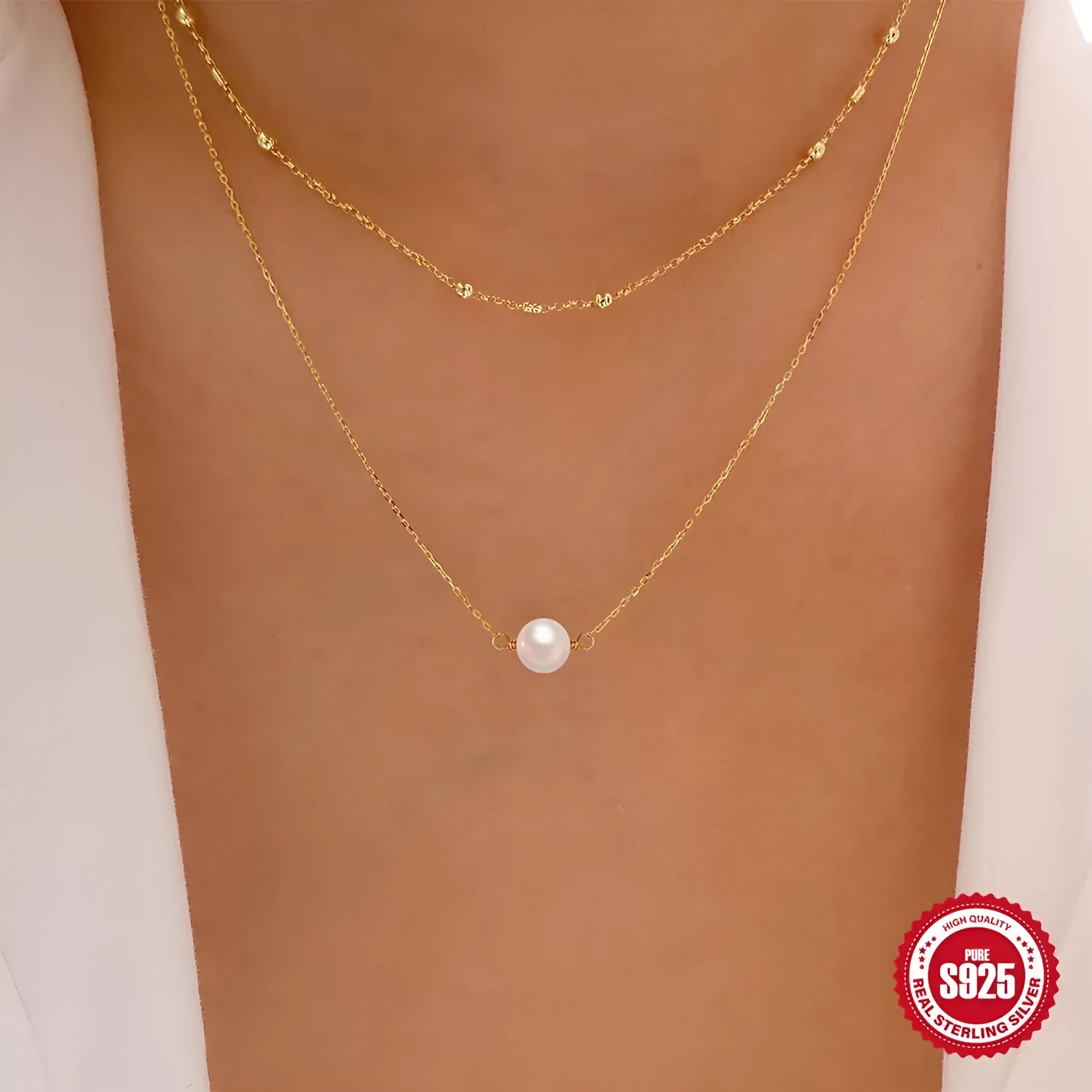S925 sterling silver women's necklace with double-layer design and twin pearls in gold or white gold plating