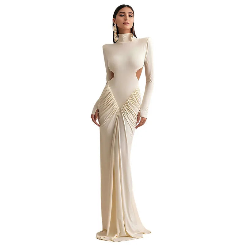 Women's long sleeve high collar backless pleated dress in slim fit with solid colour options