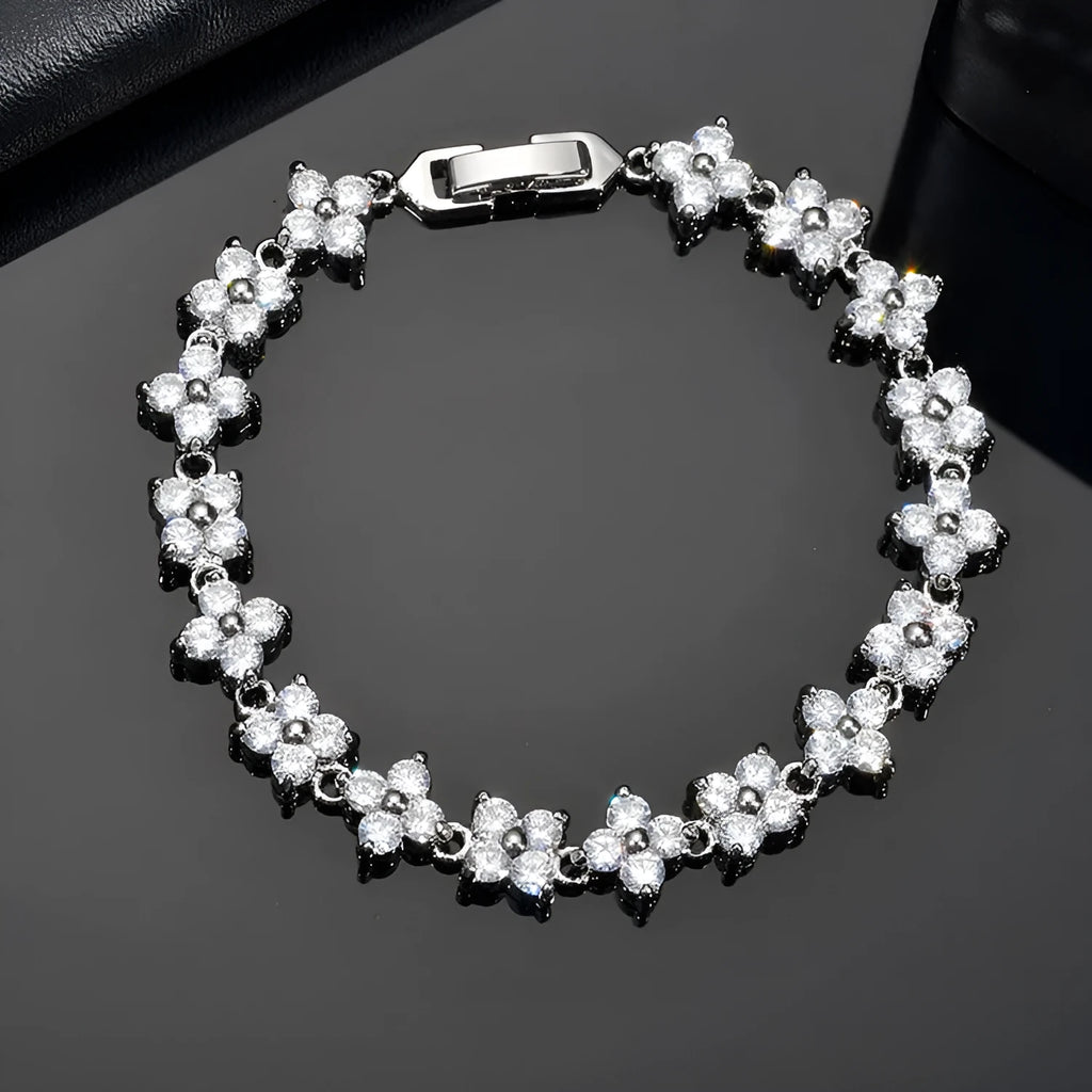Small flower zircon bracelet in copper with inlaid gem, 0.6cm width, Colourful White Plating finish