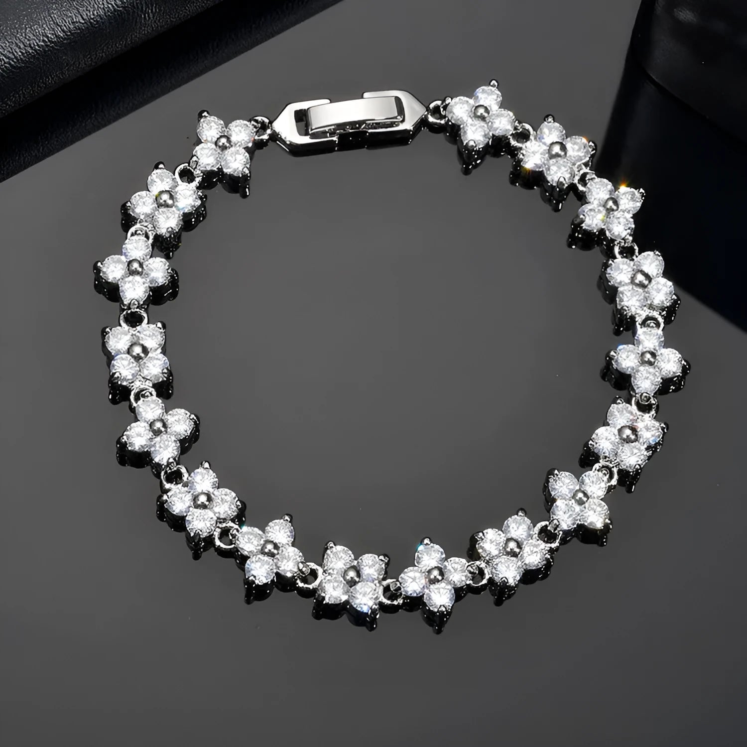 Small flower zircon bracelet in copper with inlaid gem, 0.6cm width, Colourful White Plating finish