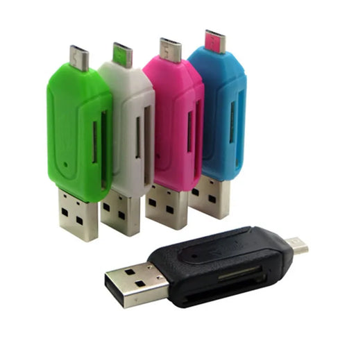 White USB OTG dual-purpose card reader for SD and TF memory cards next to a mobile phone.