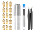 Pointed brass MK8 nozzle with alloy cleaning pin on grey background, 0.4mm aperture