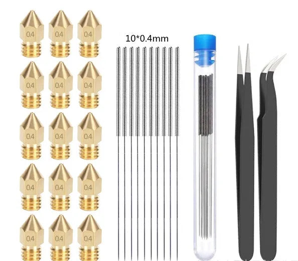 Pointed brass MK8 nozzle with alloy cleaning pin on grey background, 0.4mm aperture