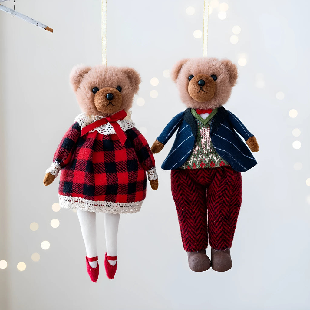 Cartoon plush bear doll wearing cotton suit with plaid pattern in princess bear and gentleman bear variations