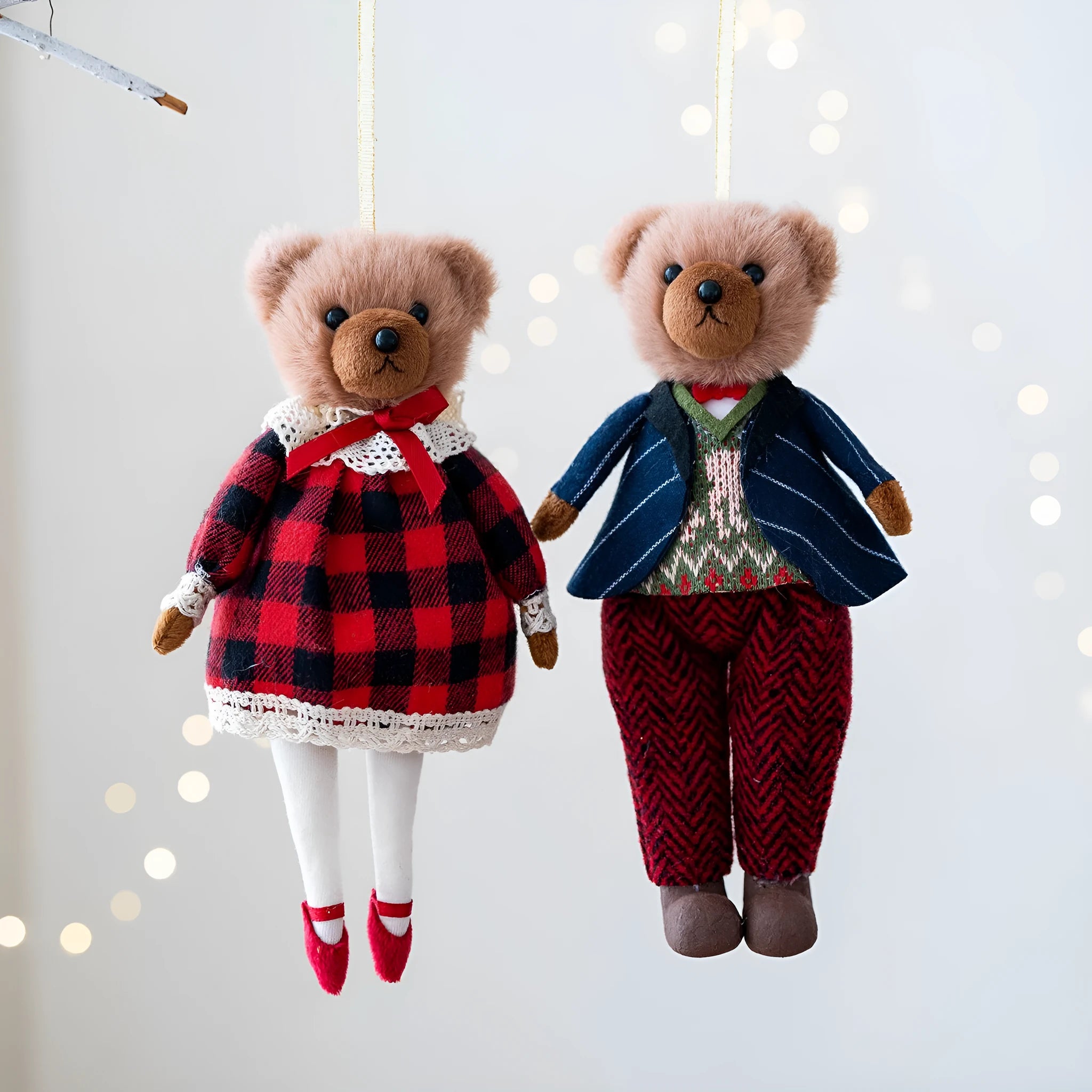 Cartoon plush bear doll wearing cotton suit with plaid pattern in princess bear and gentleman bear variations