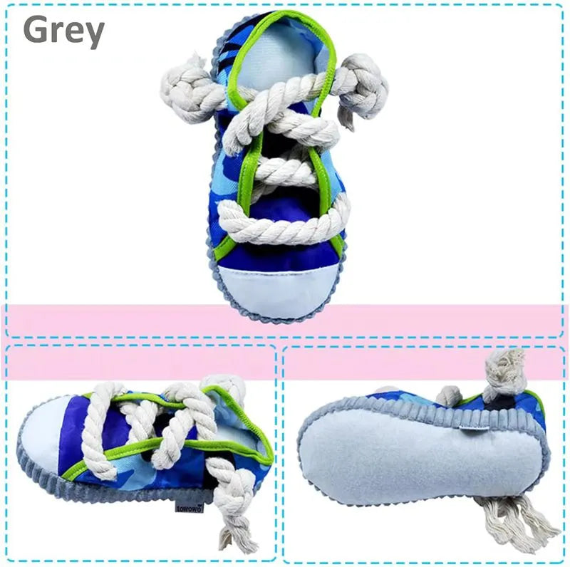 Dog toy shaped like cotton rope slippers with shoelaces, sole patterns, and built-in sound devices for playtime