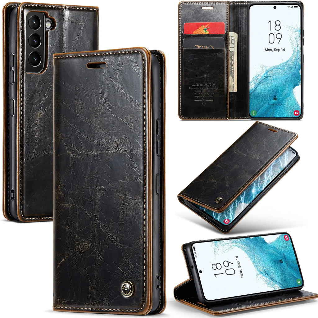 Crazy horse pattern PC leather card flip phone case for Samsung Galaxy A55, showing card slot and magnetic closure