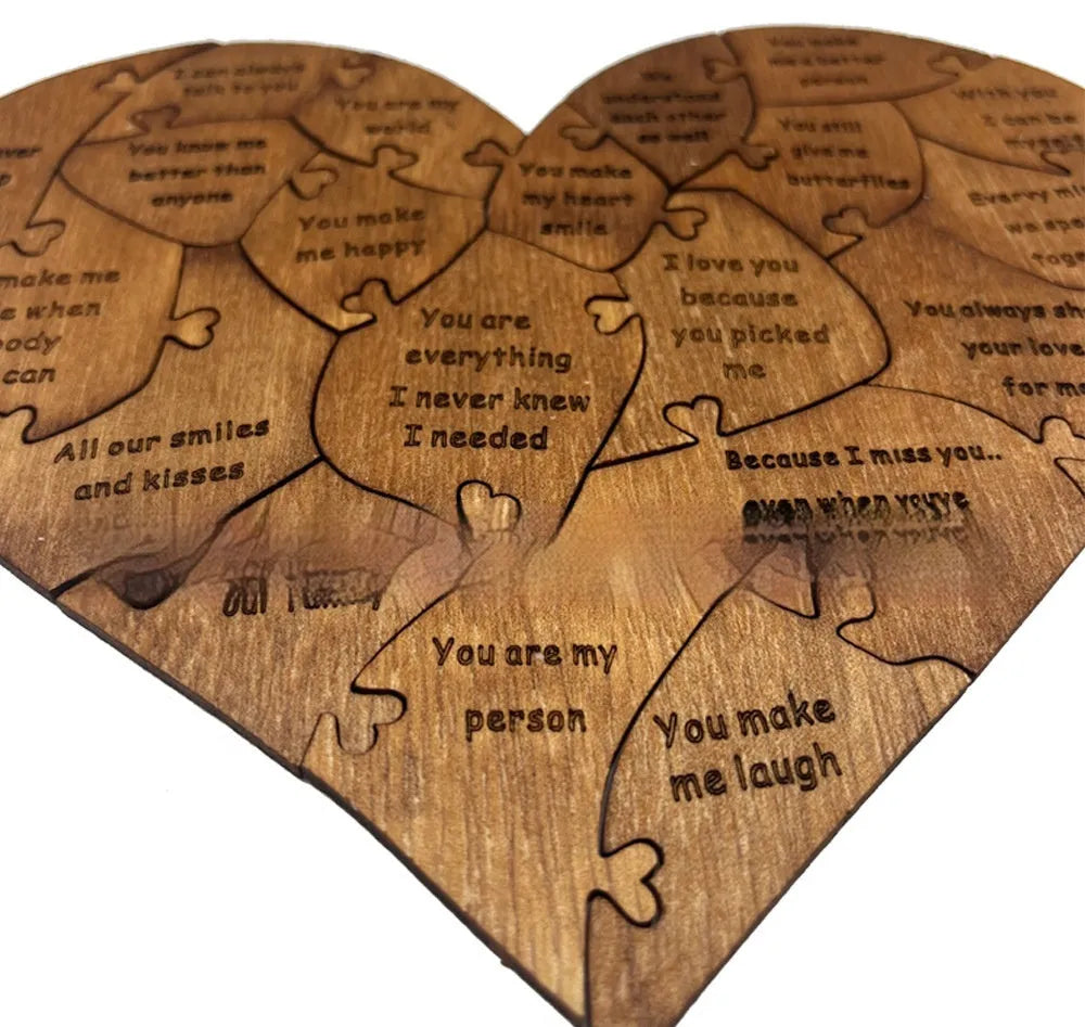 Reasons Why I Love You wooden heart puzzle with light brown colour and 20 love messages