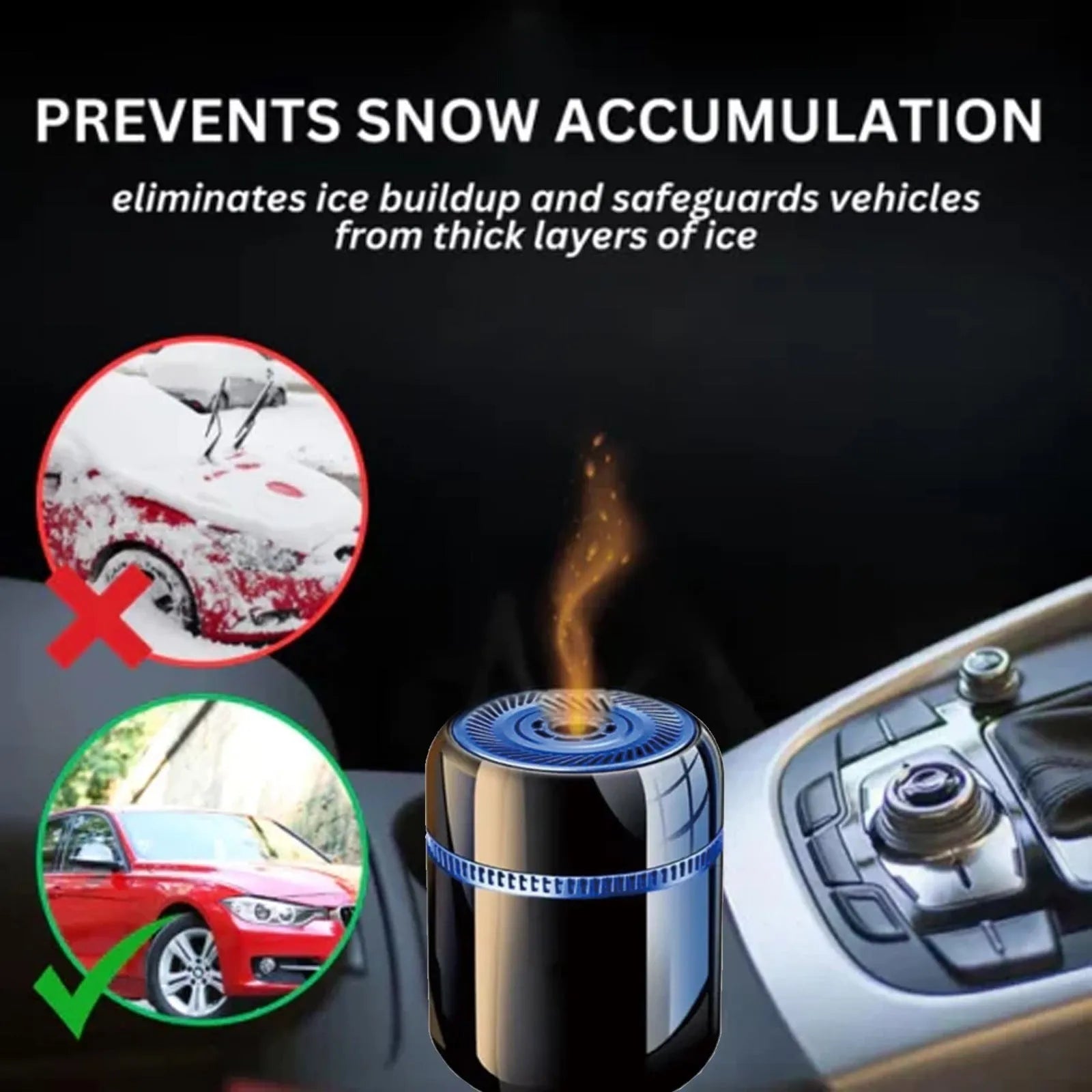 Compact 5.6 by 6.8 cm car windshield defrosting tool with power switch for heat and moisture release.