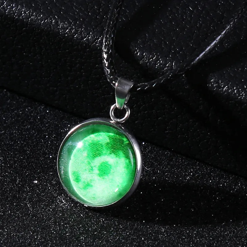 Moon night sky constellation glass pendant on a luminous alloy necklace chain with extension.