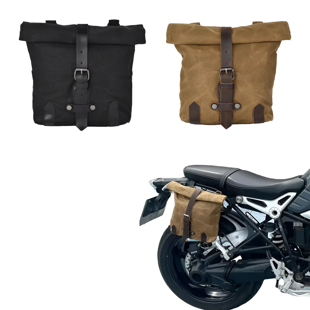 Universal motorcycle side bag batik canvas tool pannier in black and khaki colours