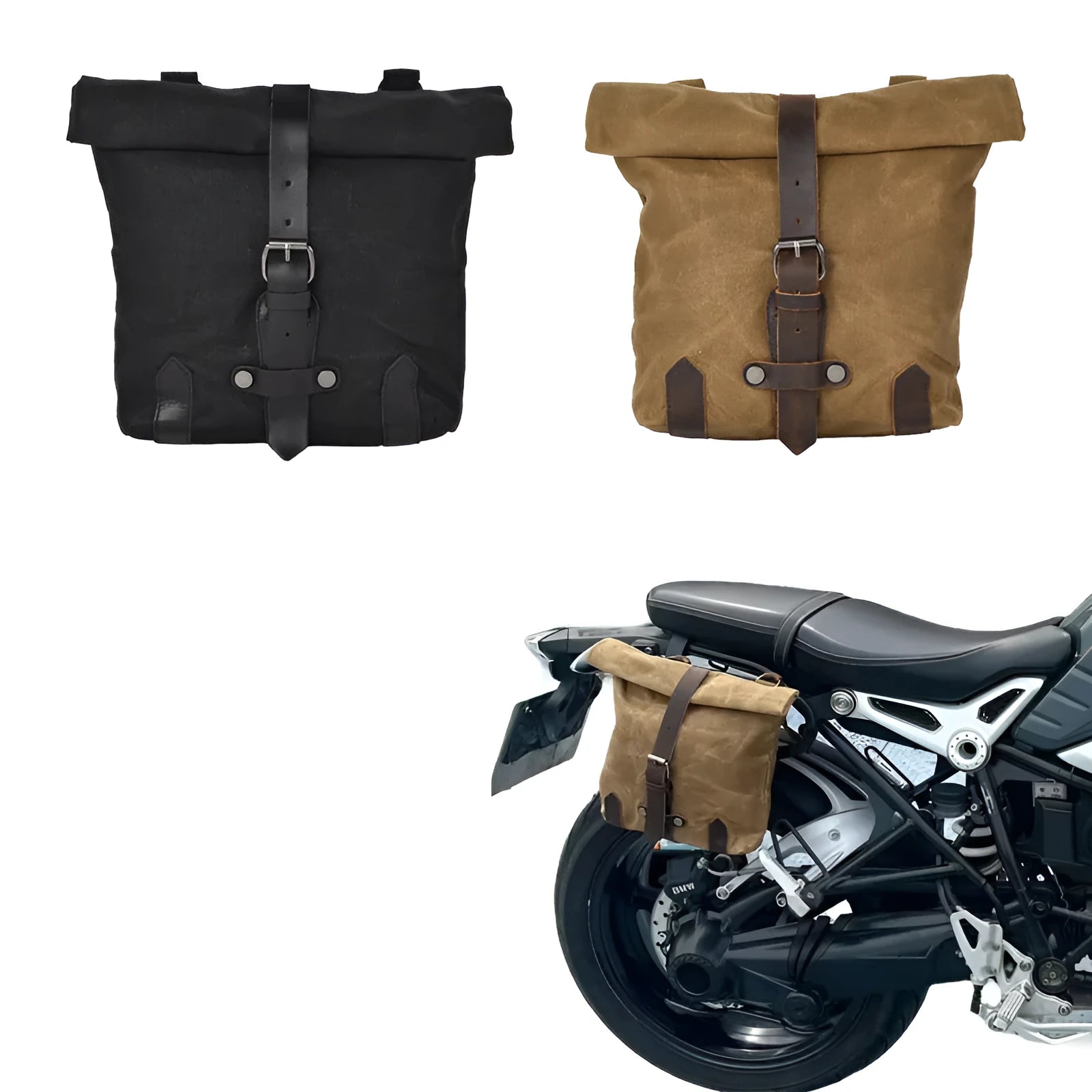 Universal motorcycle side bag batik canvas tool pannier in black and khaki colours