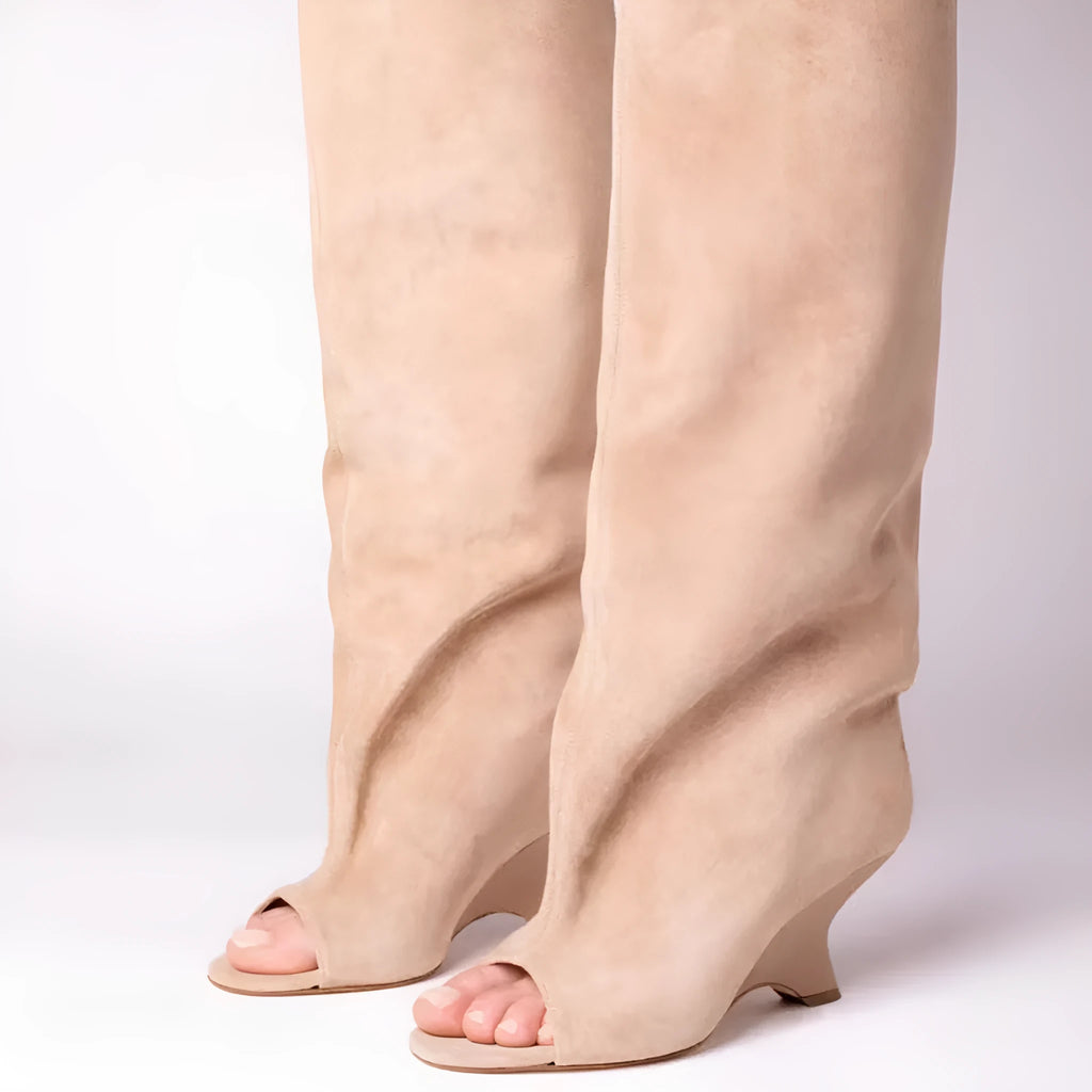 Women's peep toe wedge suede sandal boots with tassels, available in apricot colour, side view