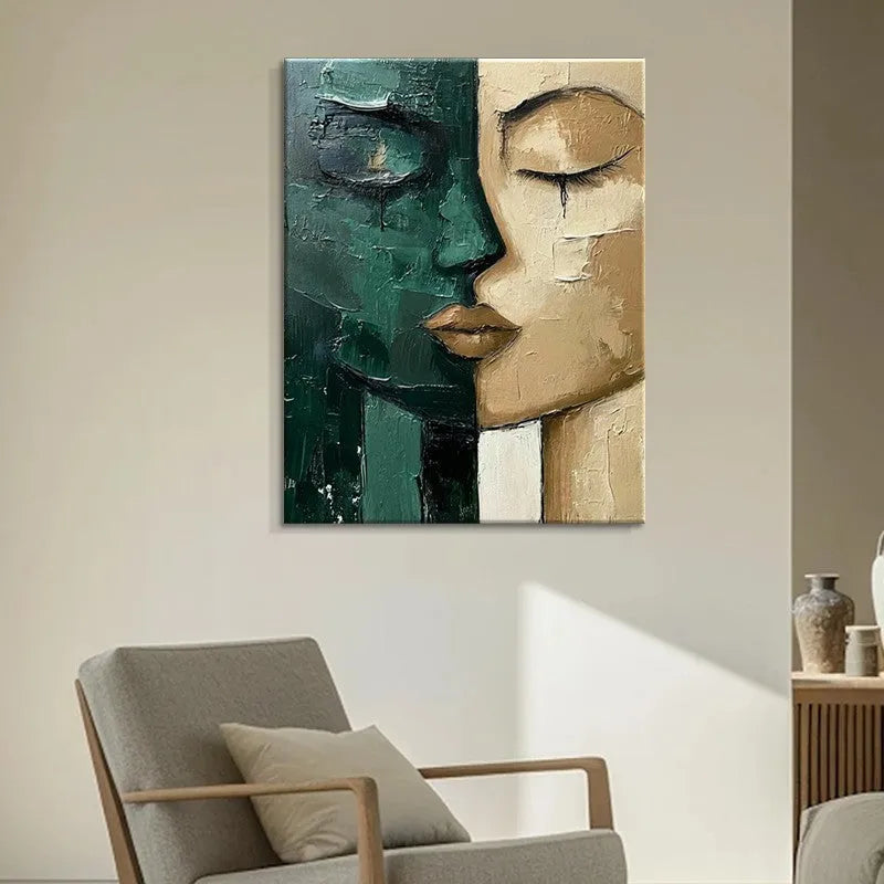 Hand-painted oil painting modern art green and beige abstract face on canvas wall decor for living room