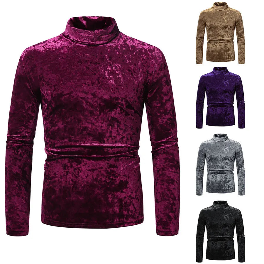 Men's velvet high-neck long-sleeve undershirt in solid colour slim-fit polyester pullover