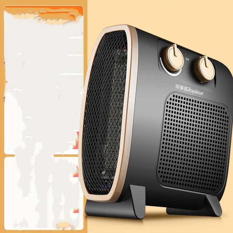 White and black gold electric fan heater with mechanical control dials on the front.