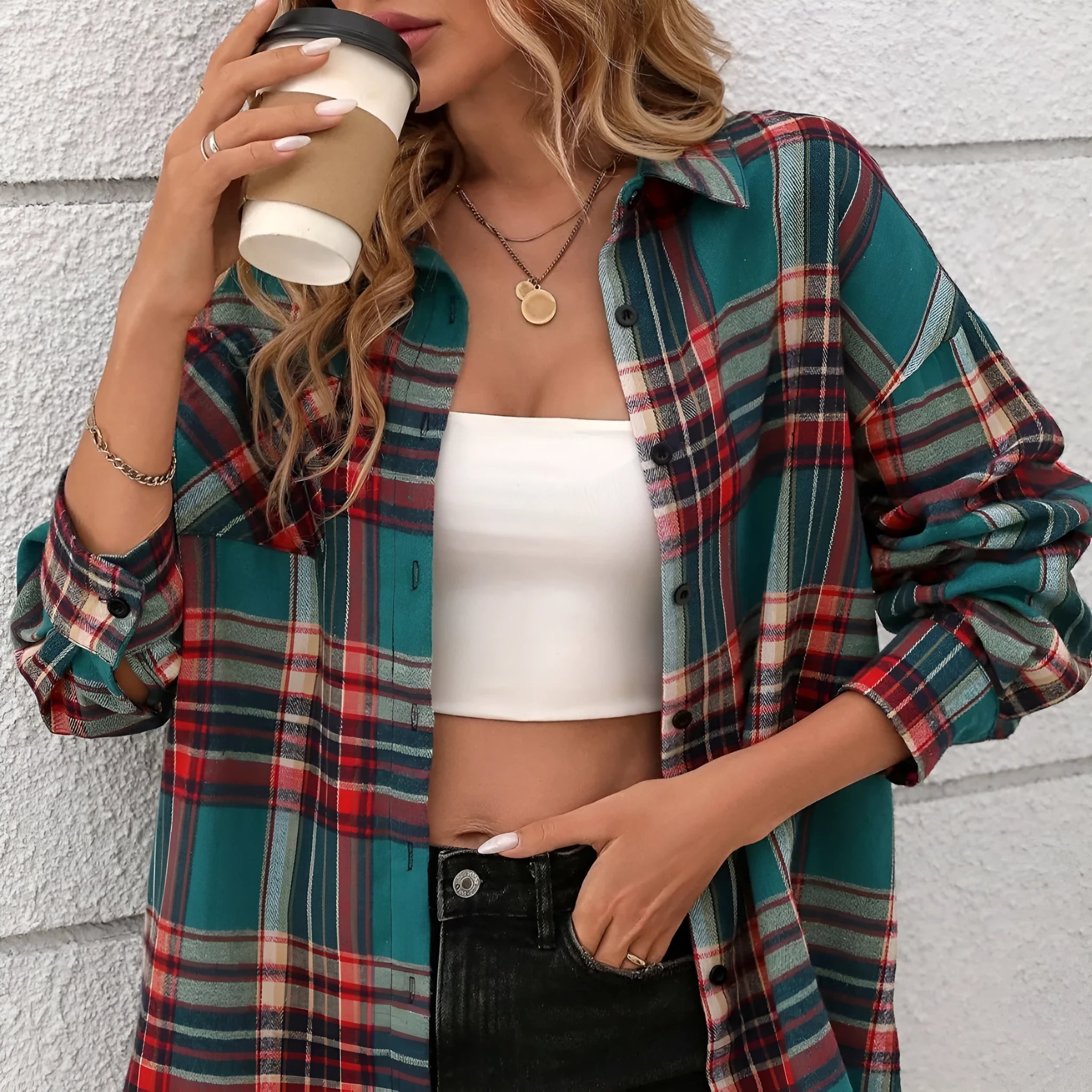 Women's loose fit casual cotton shirt with retro plaid pattern in black, green, or purple colours with long sleeves