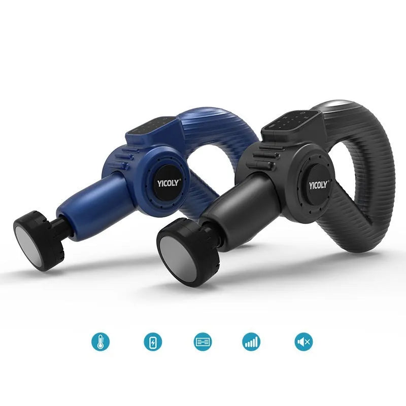 Black intelligent muscle massage gun with multiple attachment heads on a grey background