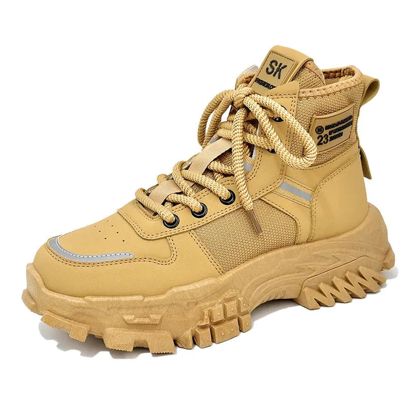 Men's khaki platform Martin boots with low heel, round toe, and rubber sole