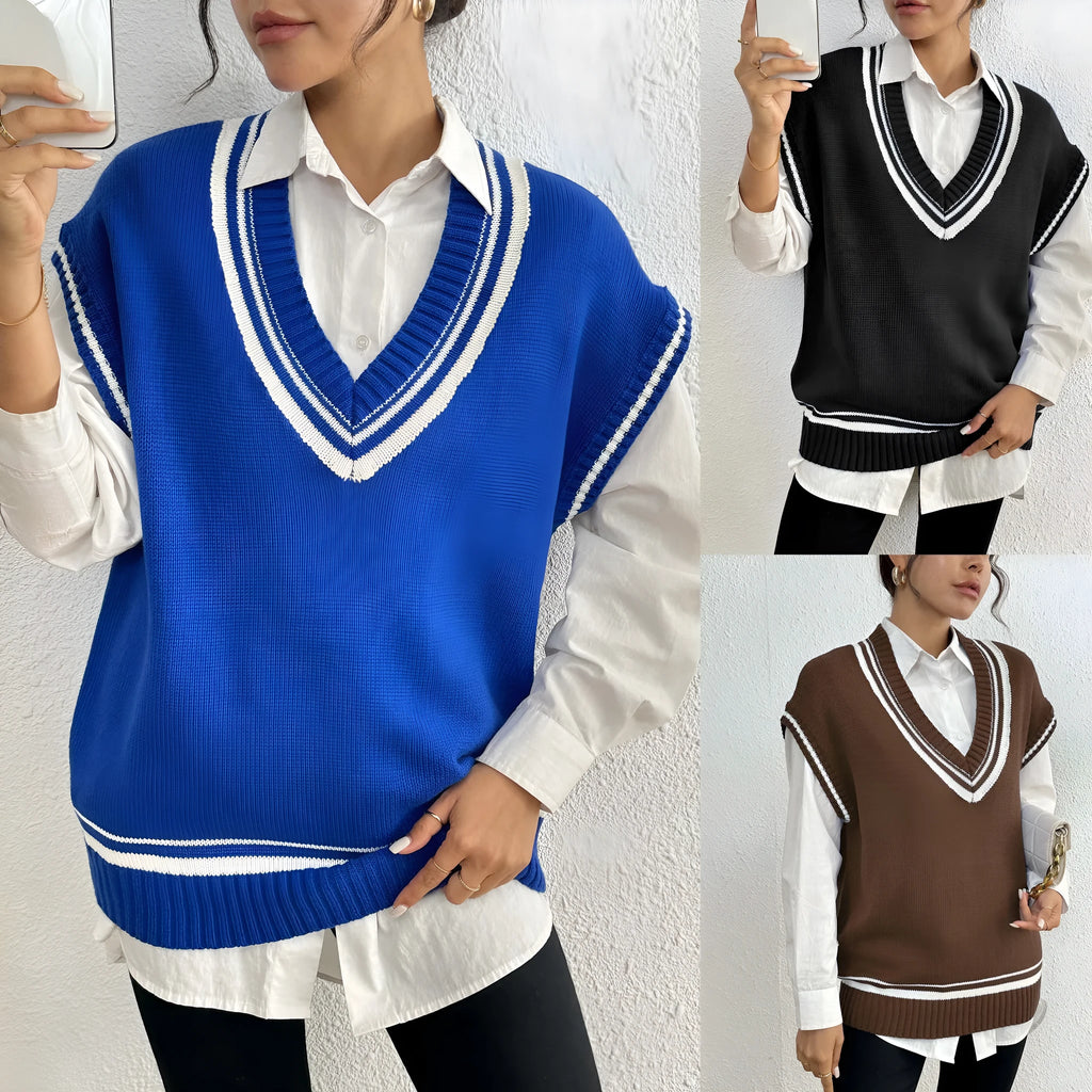 Women's loose fit college style wool vest sweater in black, blue, and coffee colour options