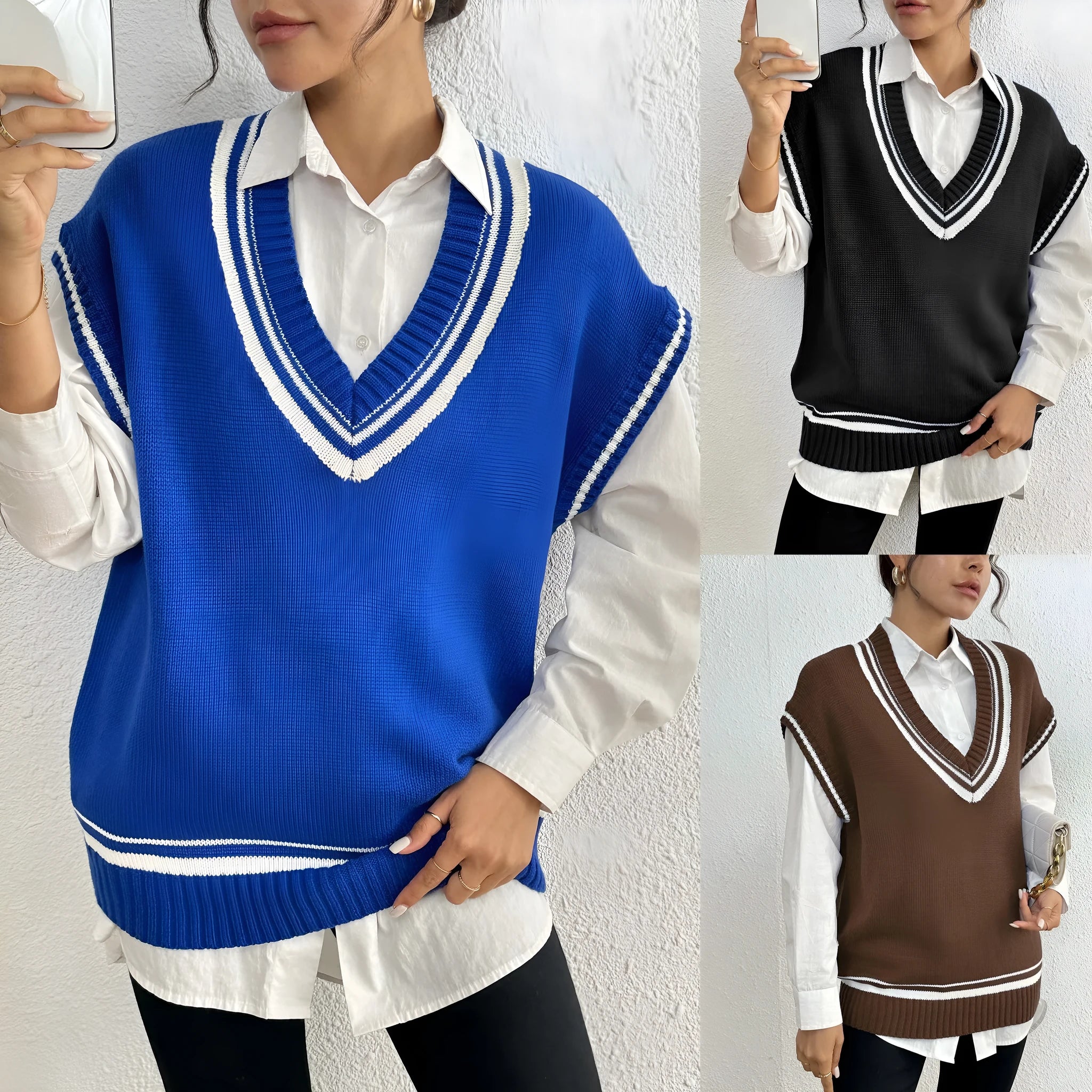 Women's loose fit college style wool vest sweater in black, blue, and coffee colour options