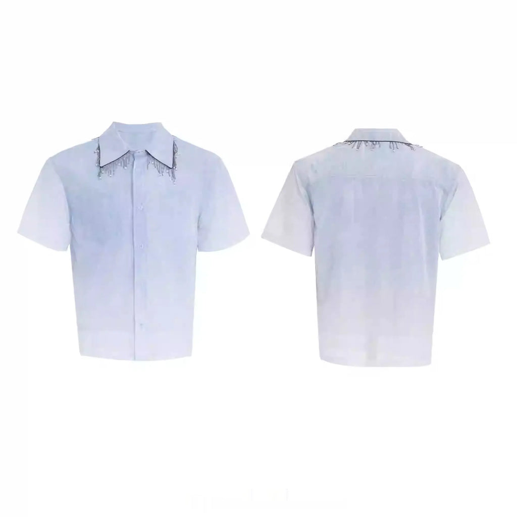 Blue and white gradient short-sleeve loose-fitting shirt for summer casual wear.