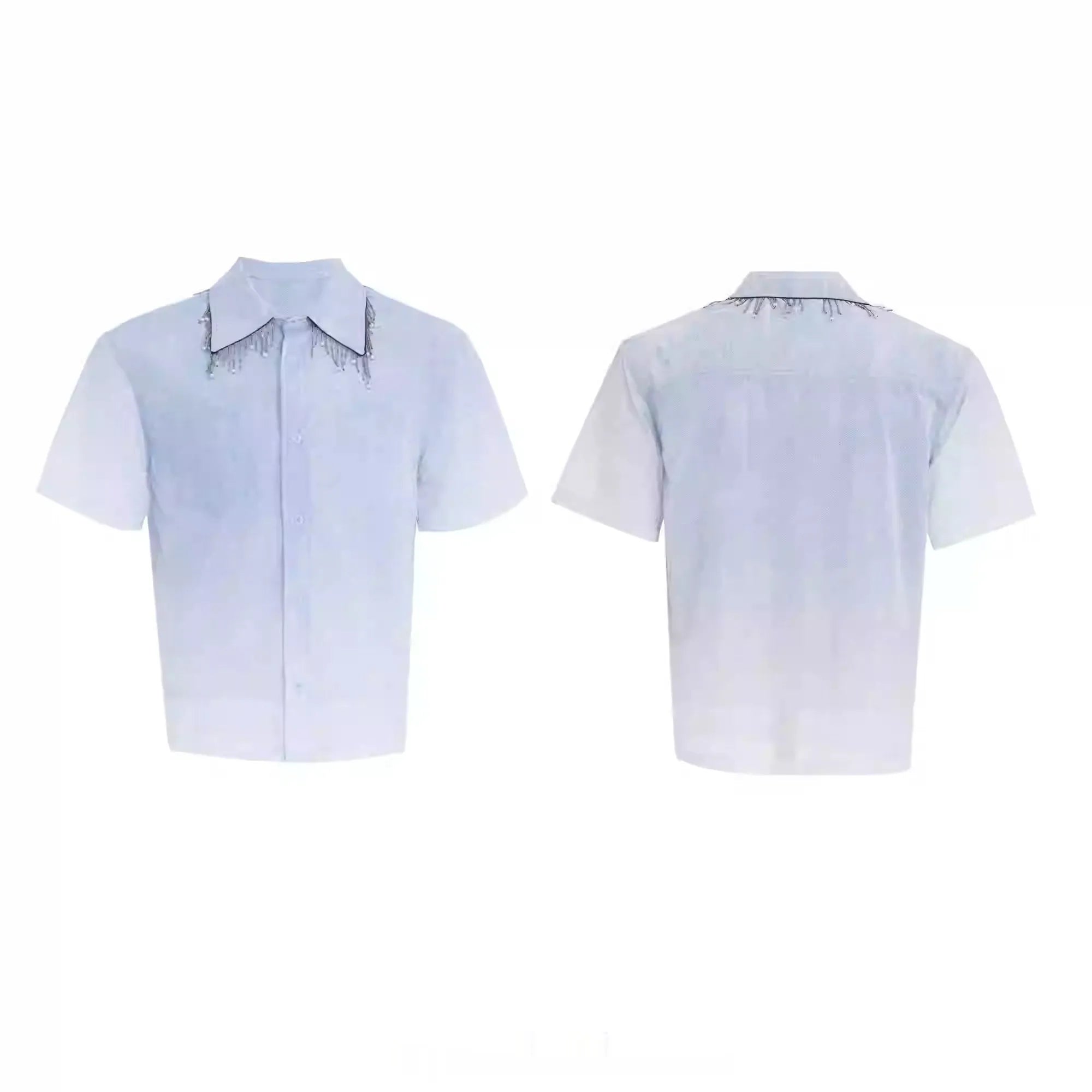 Blue and white gradient short-sleeve loose-fitting shirt for summer casual wear.