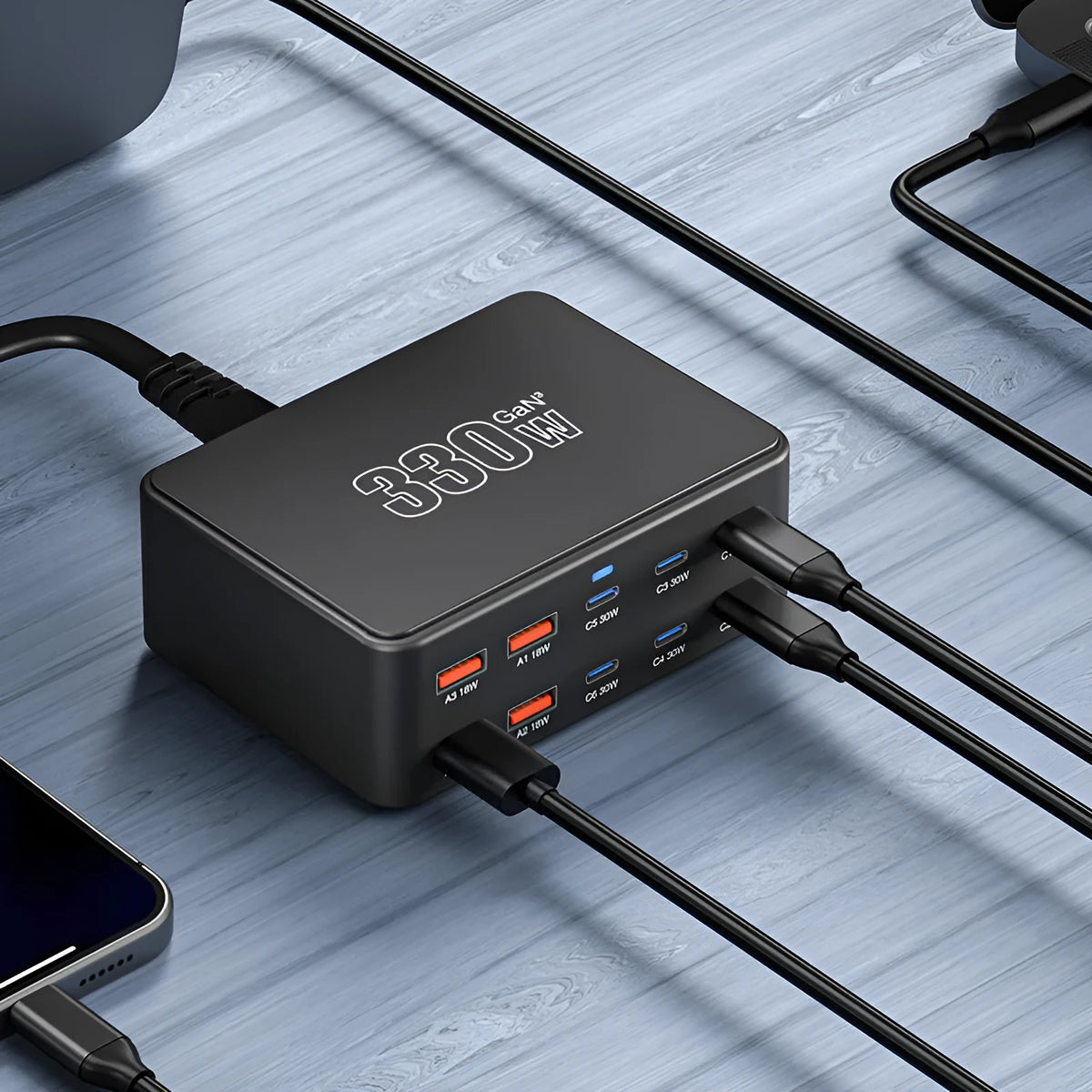 330W super fast charge porous charger with 120W output in black casing, multi-region plug