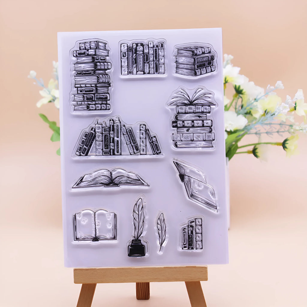 White transparent silicone hand account stamp measuring 11x16 cm with self-adhesive backing on a craft table