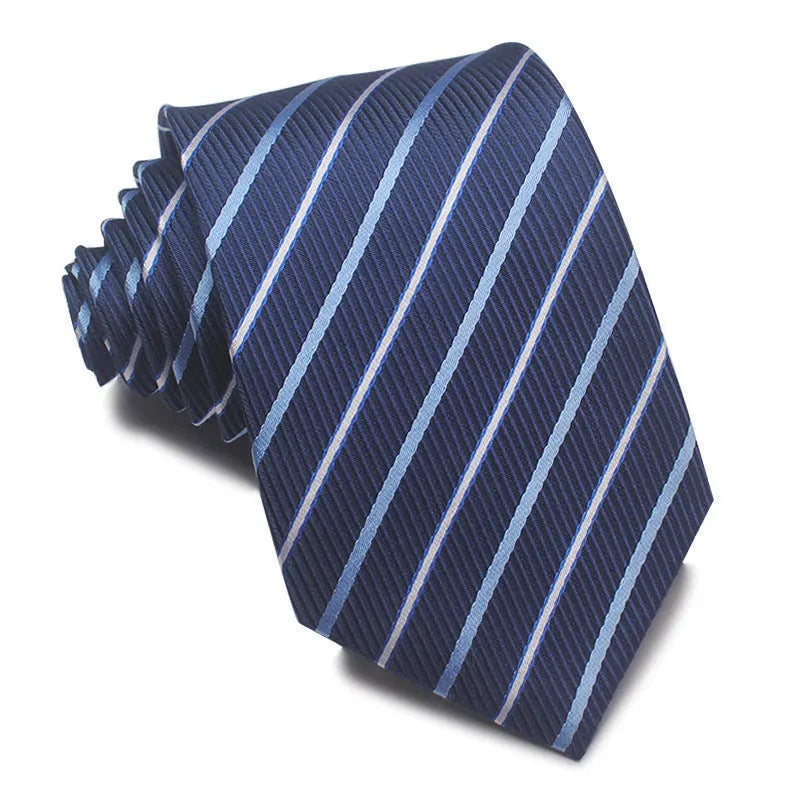 8cm wide polyester jacquard striped men's business tie shown in multiple colour variations