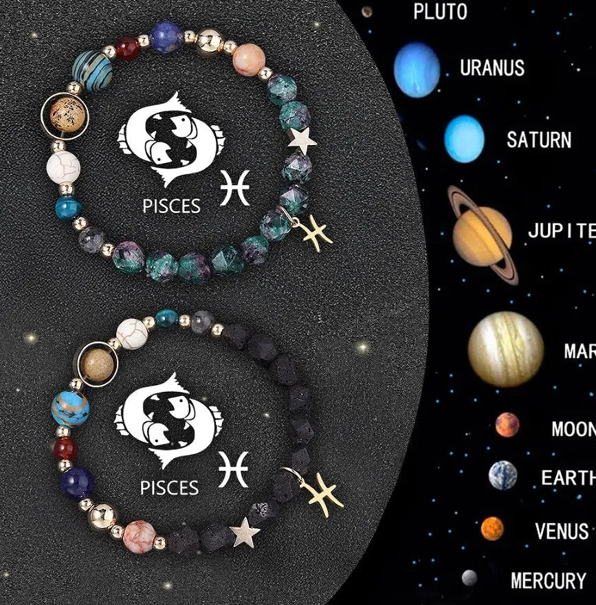 Natural stone beaded bracelet set showing zodiac sign designs on adjustable elastic cord