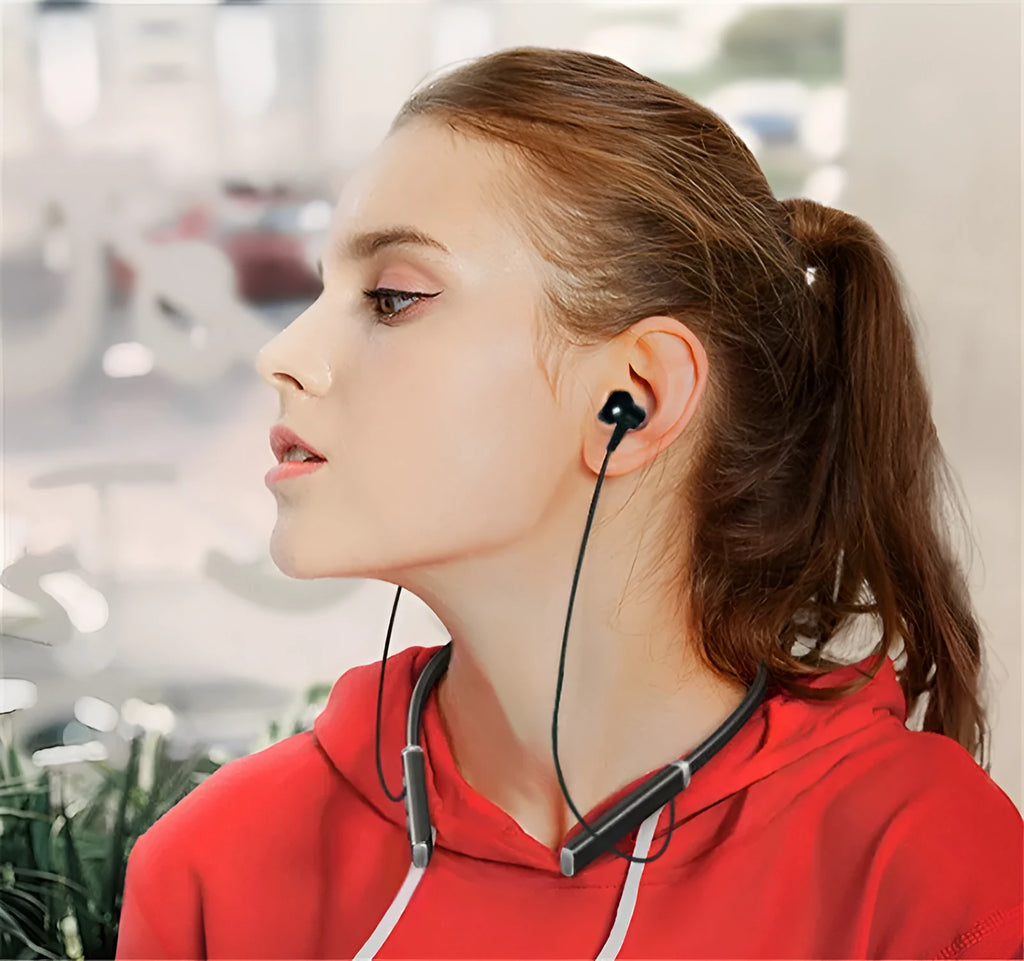 Bluetooth hanging neck earphones in Black or Red with 90-hour battery, magnetic earbuds, and TPE neckband