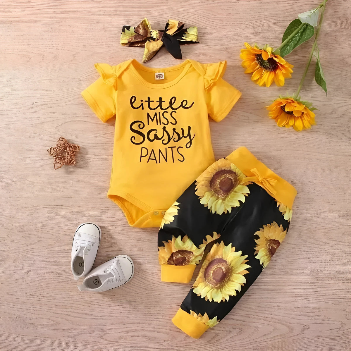 Baby cotton letter print jumpsuit set with headband, pullover top and pants, black ten D or M, 70-100cm height