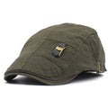 Retro peaked cap with adjustable leather strap and jeans button fastening flat top crown embroidery detail available in green khaki black brown gray navy blue