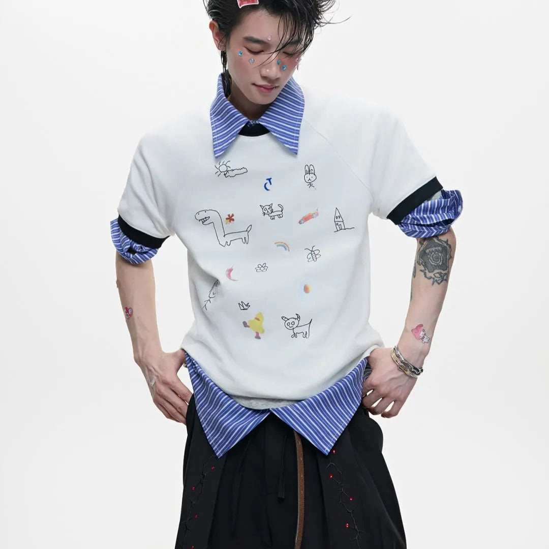 Men's blue cartoon printed short sleeve shirt with contrasting panels and loose fit design