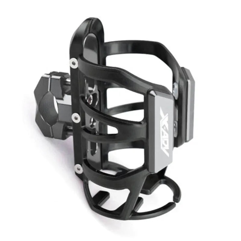 Black water bottle cage mounted on Honda scooter bumper with hydration bottle