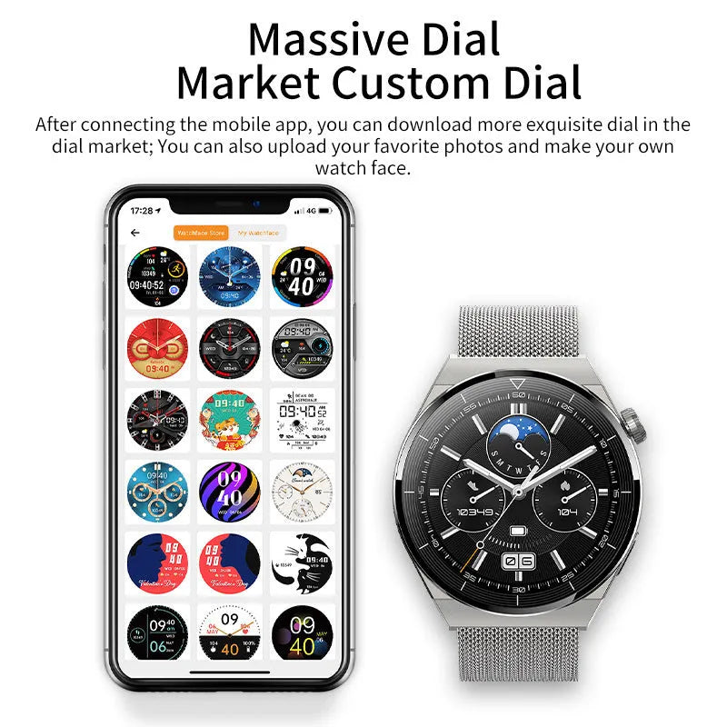 Black silicone strap smartwatch with silver case showing touch screen displaying health metrics