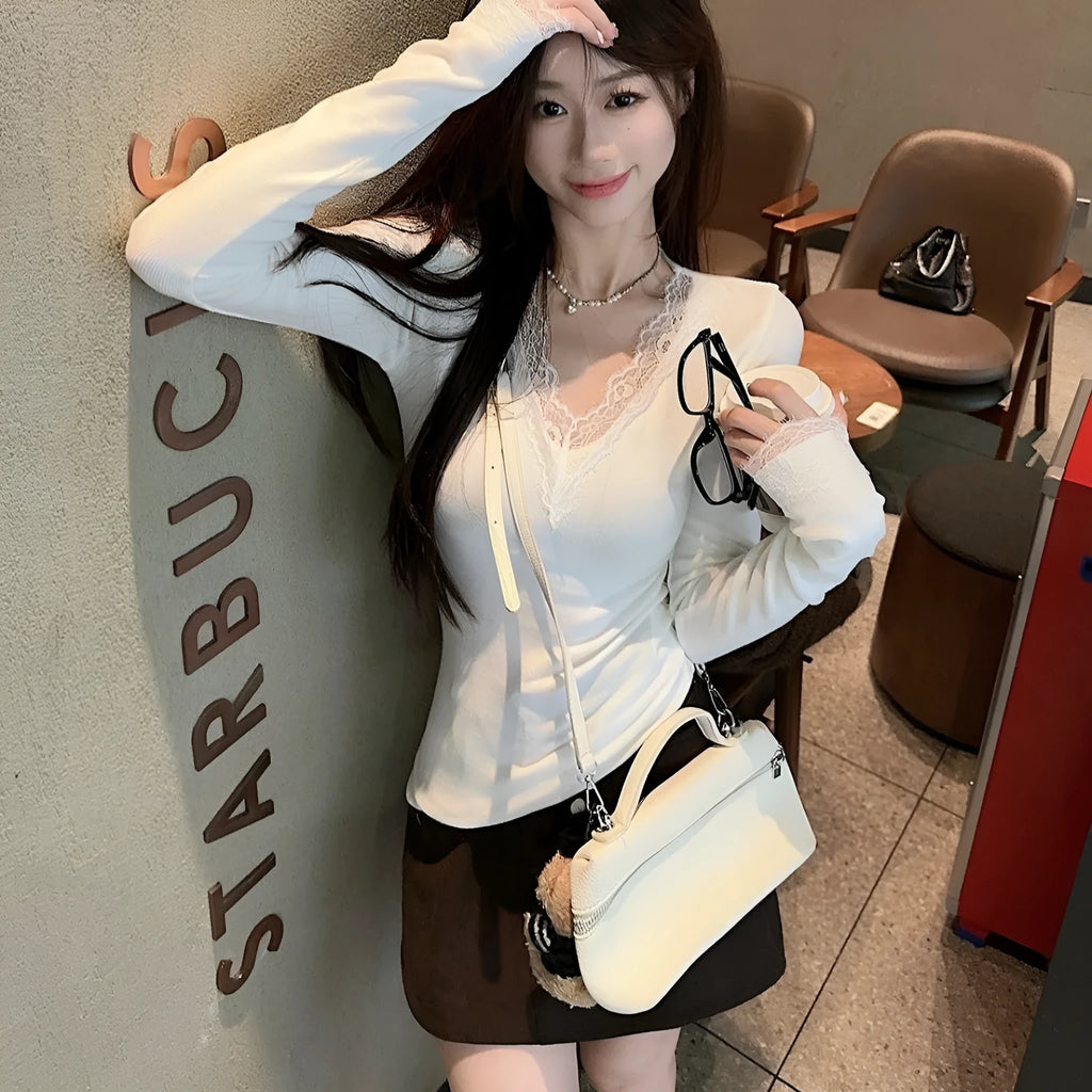 White V-neck Dralon lace stitching brushed long sleeve top for women, slim fit knitted polyester