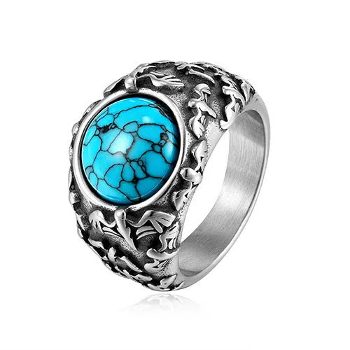 Retro titanium steel ring in steel colour, unisex design, showing surface detailing on solid metal band.
